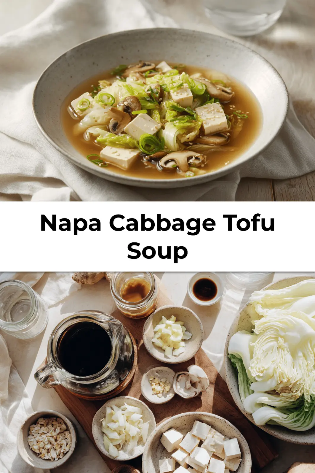 Bowl of Napa Cabbage Tofu Soup garnished with scallions mushrooms and sesame oil