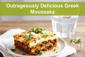 Outrageously Delicious Greek Moussaka with golden topping fresh herbs clean white napkin