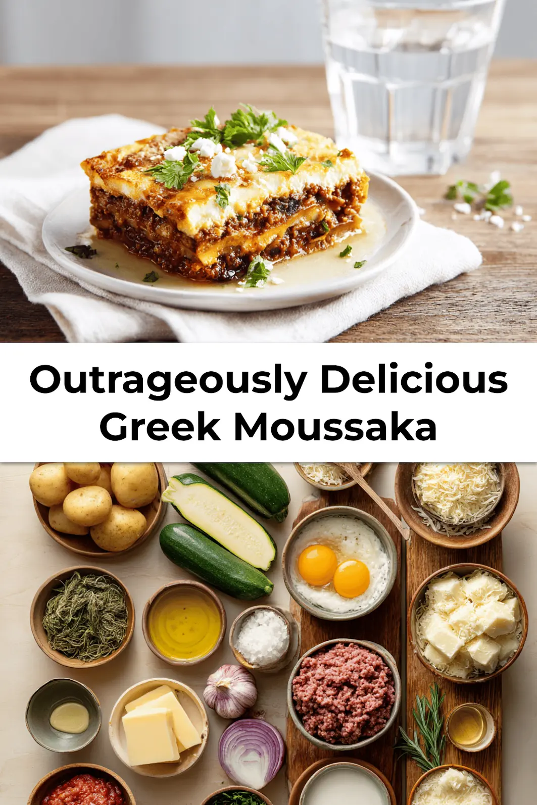 Baked Greek Moussaka with golden crust and fresh herbs ready to pin on Pinterest