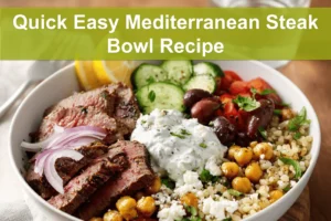 Quick Easy Mediterranean Steak Bowl Recipe with sirloin steak, roasted chickpeas, feta and tzatziki