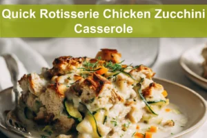 Quick Rotisserie Chicken Zucchini Casserole warm bake on white cloth beside glass of water