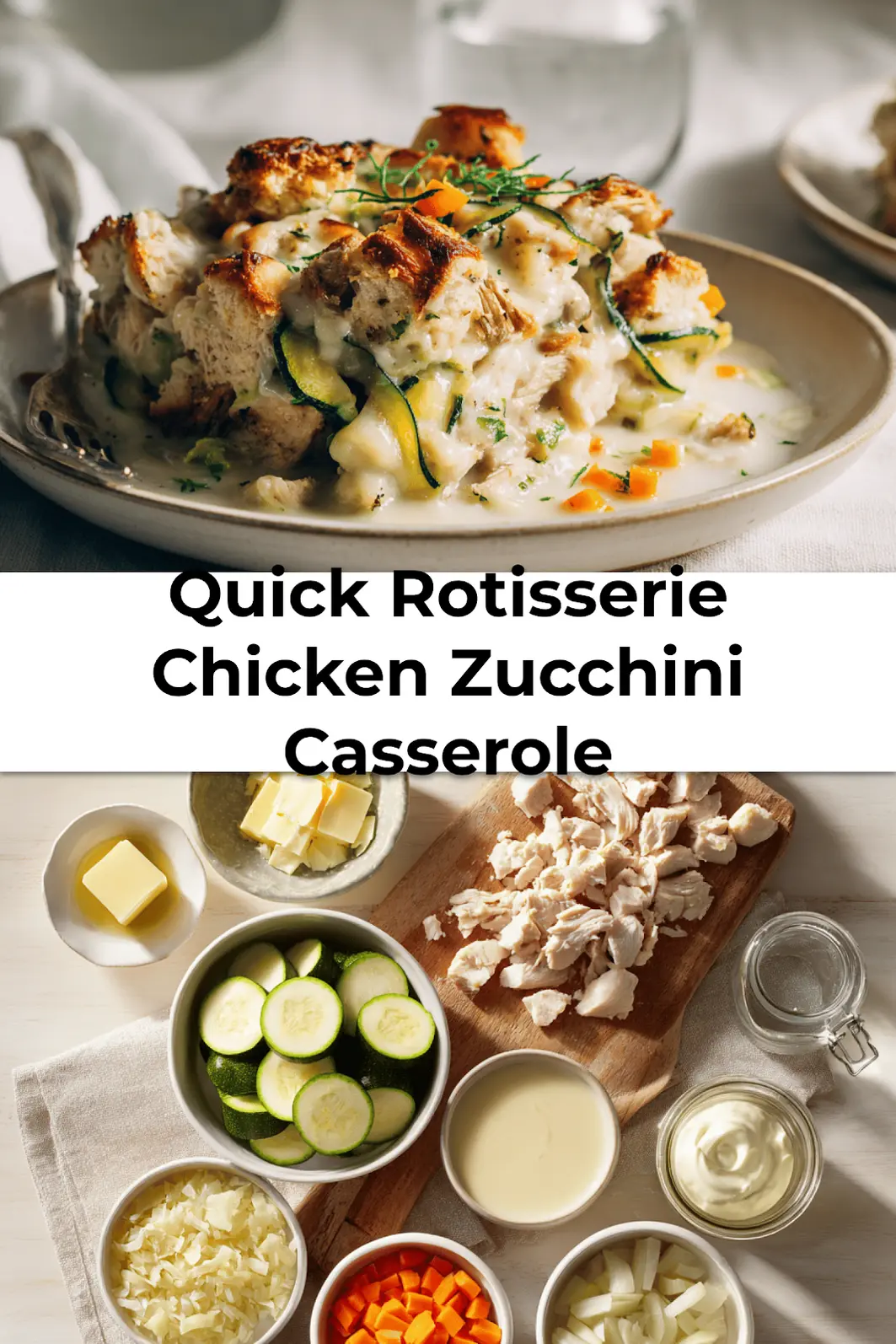 Quick Rotisserie Chicken Zucchini Casserole served in white dish with melted cheese and herbs, ready to eat