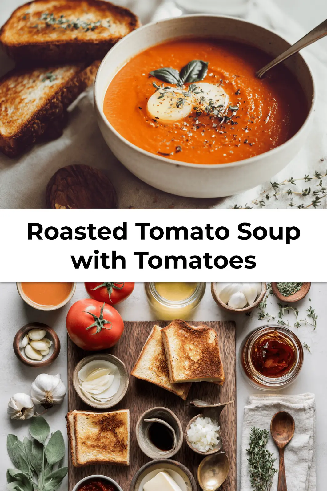 Bowl of roasted tomato soup with grilled cheese and basil ready to serve under cozy lighting