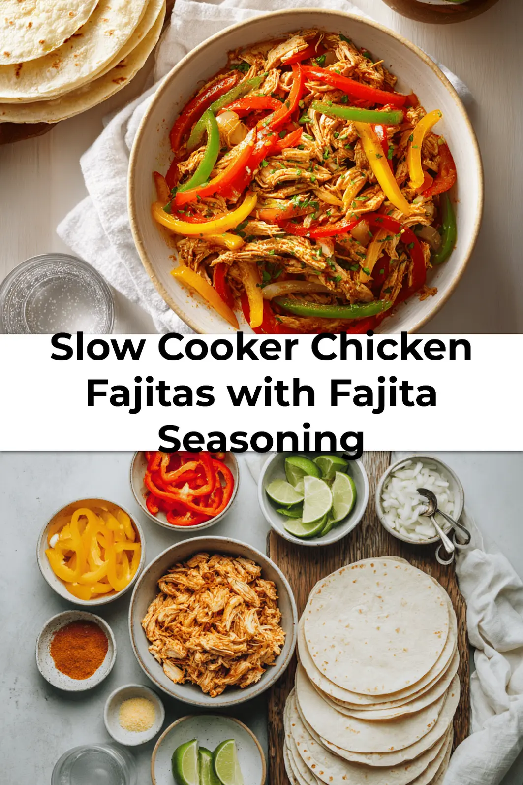 Plated Slow Cooker Chicken Fajitas with tortillas sliced peppers onions and lime garnish