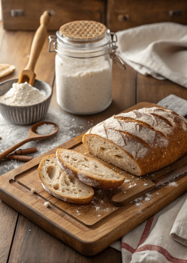 Rustic sourdough loaf on a wooden board with slices and baking tools
