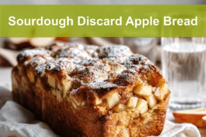 Sourdough Discard Apple Bread with cinnamon, apples, and powdered sugar, warm golden tones.