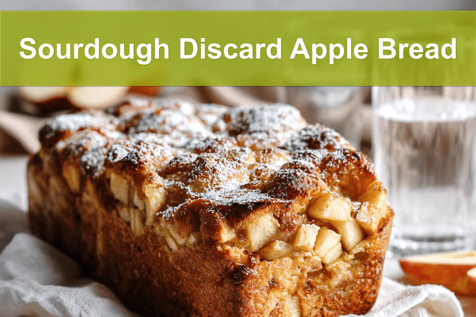 Sourdough Discard Apple Bread with cinnamon, apples, and powdered sugar, warm golden tones.