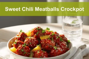 Sweet Chili Meatballs Crockpot in white dish with herbs, pineapple, and a glass of water