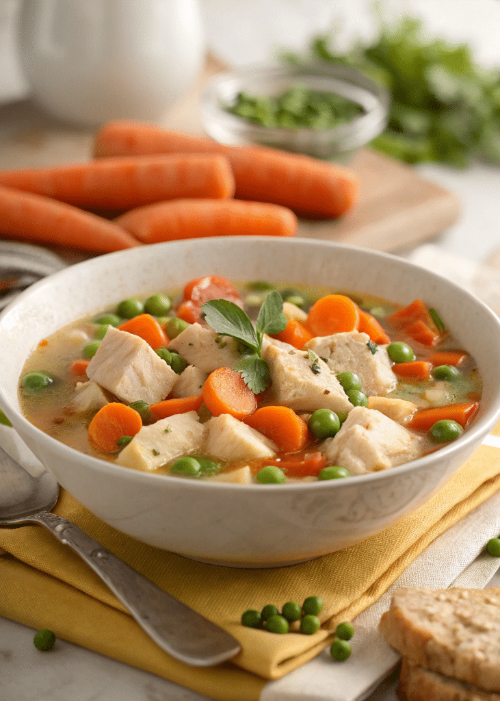 Healthy chicken stew with fresh vegetables served in a cozy bowl.