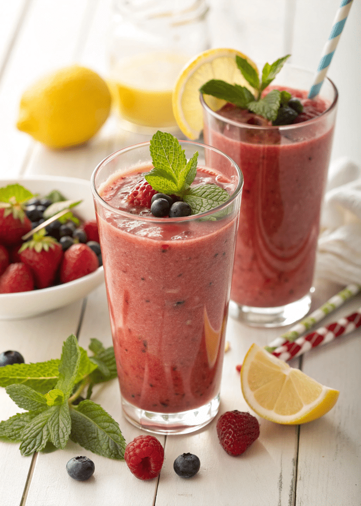 Refreshing smoothie in a glass with fresh fruit and mint garnish