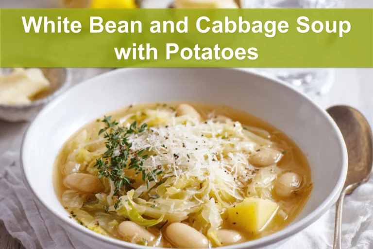 White Bean and Cabbage Soup with Potatoes in rustic bowl garnished with thyme and grated cheese