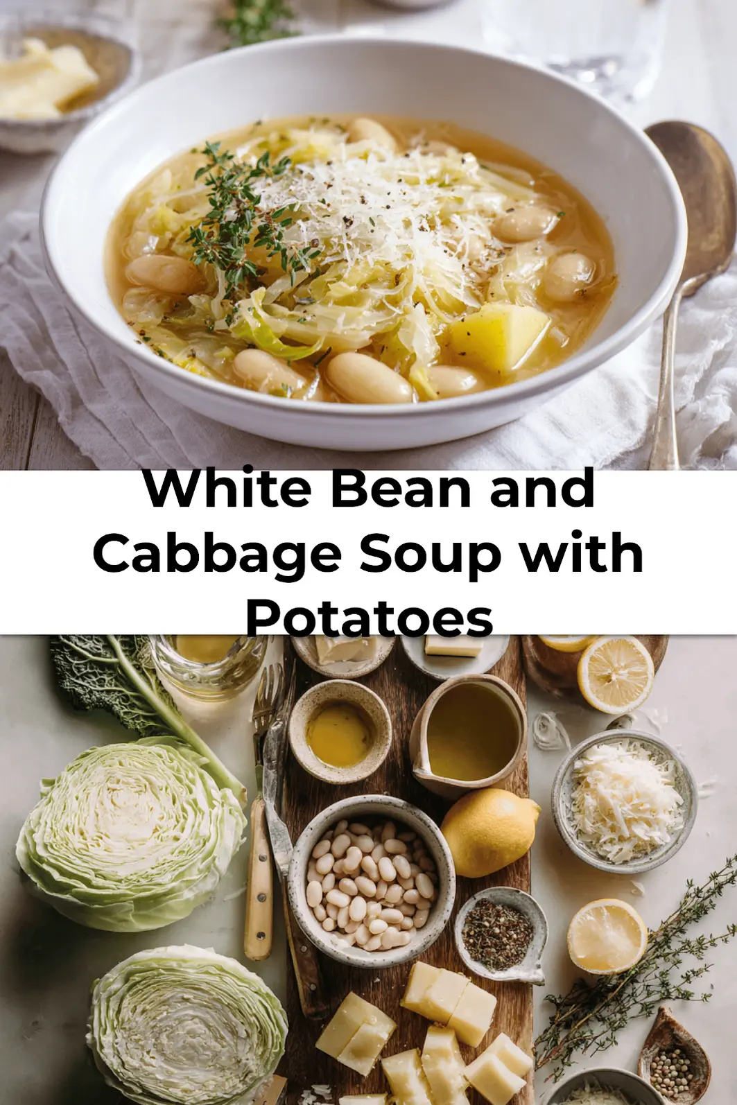 White Bean and Cabbage Soup with Potatoes served in a rustic bowl with thyme, cheese, and cracked pepper