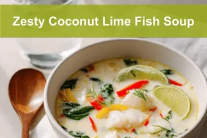 Zesty Coconut Lime Fish Soup in creamy broth garnished with lime zest and herbs