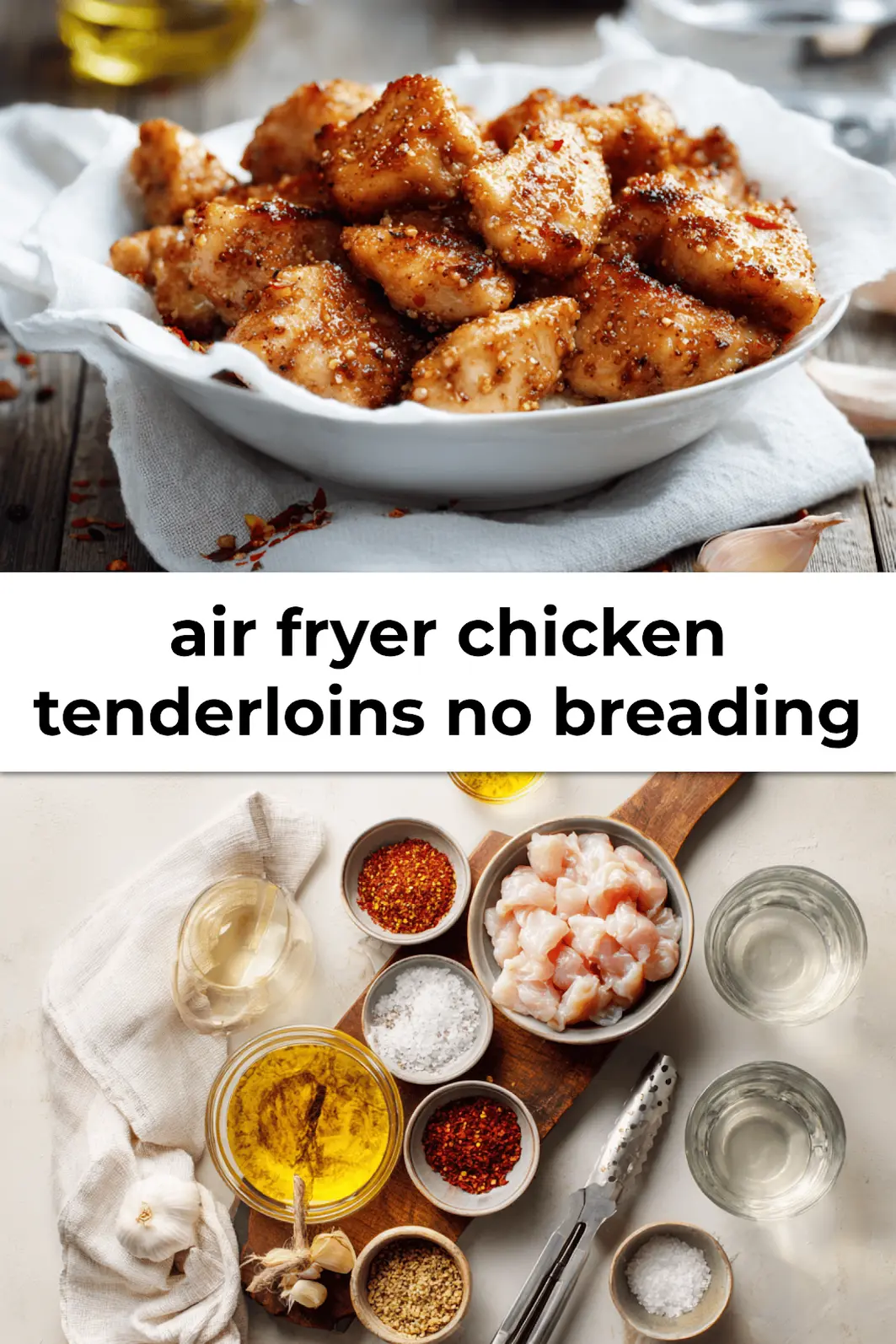 golden brown air fryer chicken tenderloins without breading on a plate with parsley and garlic