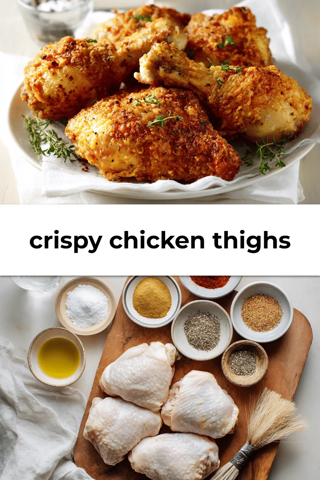 Plated crispy chicken thighs with rustic cloth and clear glass of water, styled for Pinterest in warm light