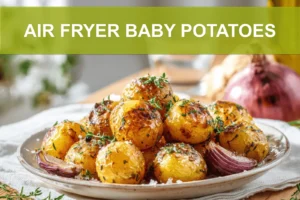 AIR FRYER BABY POTATOES golden roasted baby potatoes on white napkin with water glass