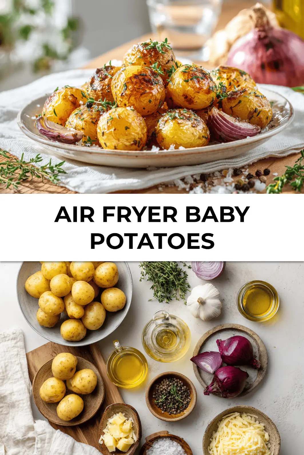 Air fryer baby potatoes served with crispy golden texture on white napkin near water glass and cutlery_pin
