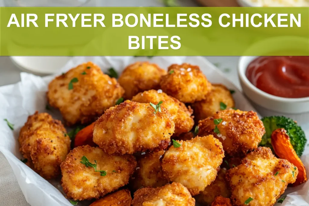 AIR FRYER BONELESS CHICKEN BITES plated close up with roasted vegetables and dipping sauces warm light