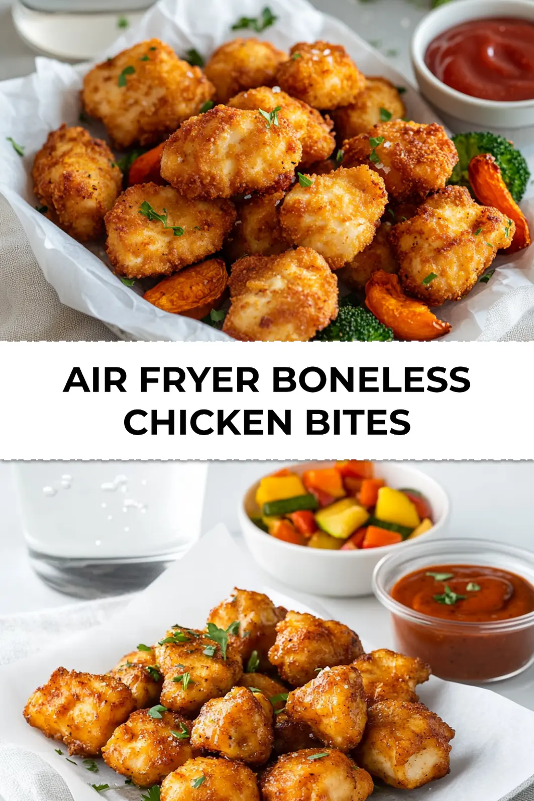 Closeup of air fryer boneless chicken bites plated with roasted veggies and dipping sauces on kitchen counter