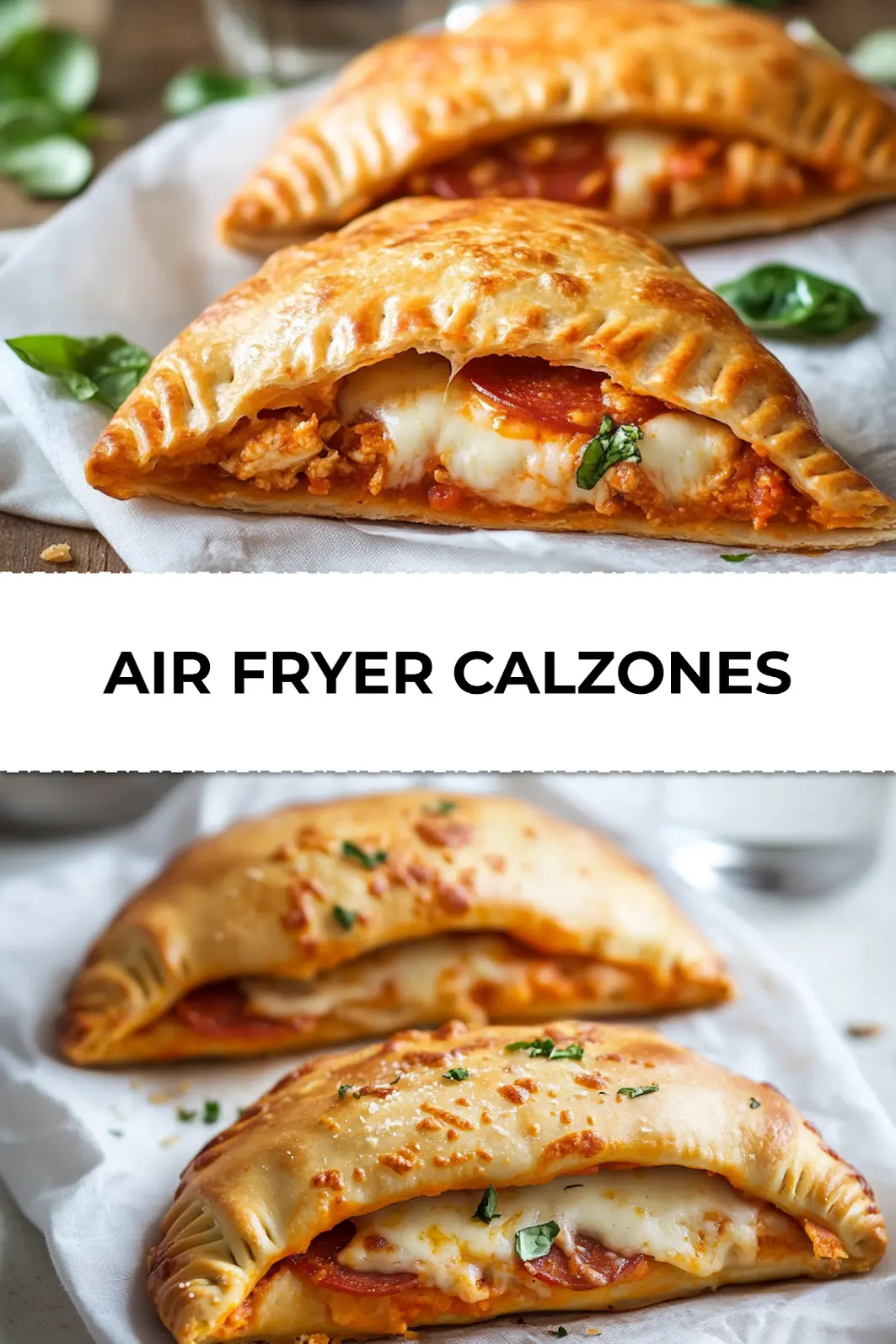 Golden crispy air fryer calzones stacked on a napkin with dipping sauce
