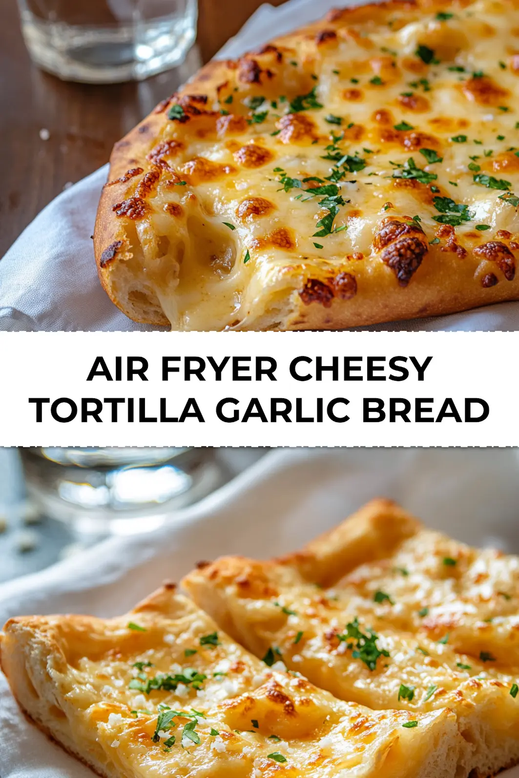 Finished Air Fryer Cheesy Tortilla Garlic Bread ready to serve with golden cheese and herbs