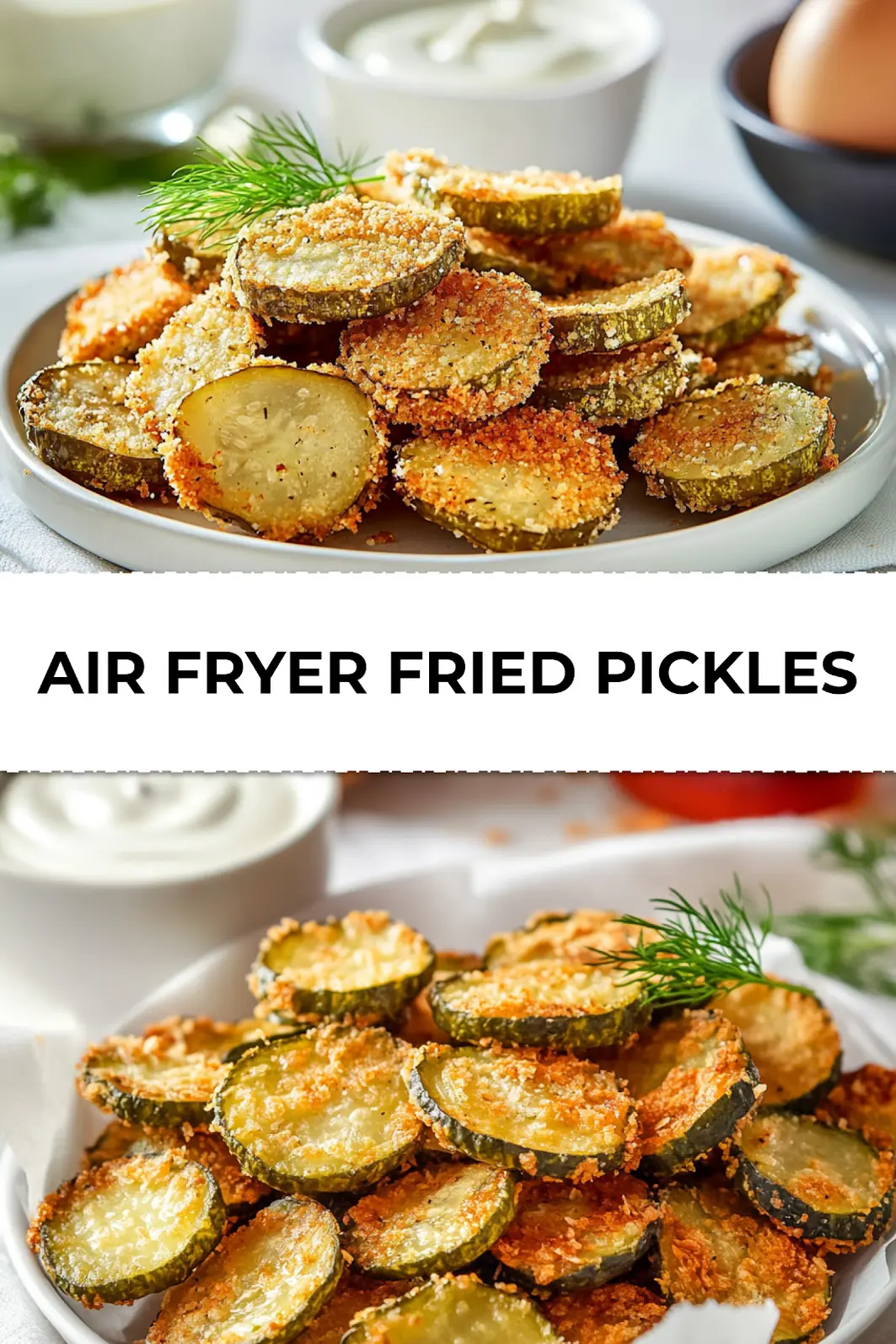 Air fryer fried pickles served in a basket with dipping sauce and dill garnish, styled for Pinterest