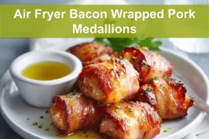 Air Fryer Bacon Wrapped Pork Medallions on white napkin with glass of water warm lighting