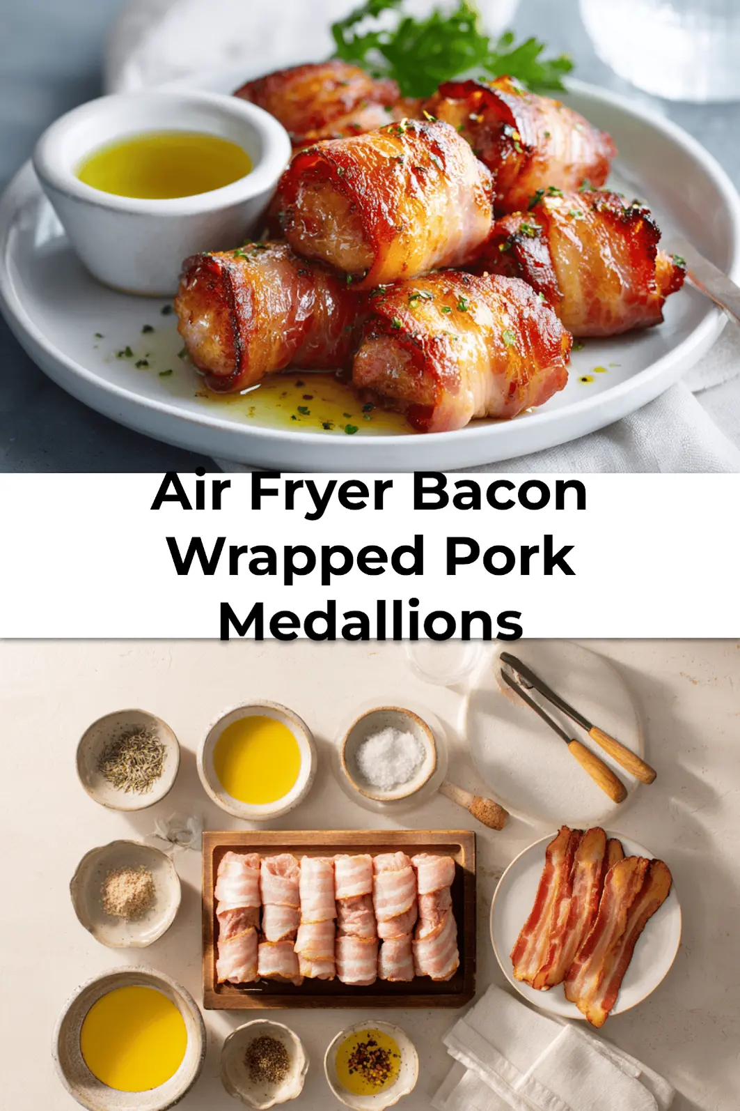 Delicious air fryer pork medallions wrapped in crispy bacon served on a white napkin with warm lighting