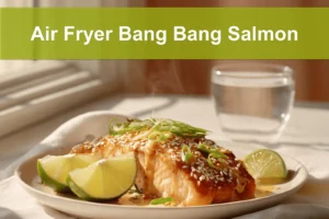 Air Fryer Bang Bang Salmon plated with sesame seeds lime wedges and green onions