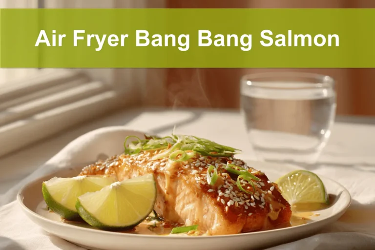 Air Fryer Bang Bang Salmon plated with sesame seeds lime wedges and green onions