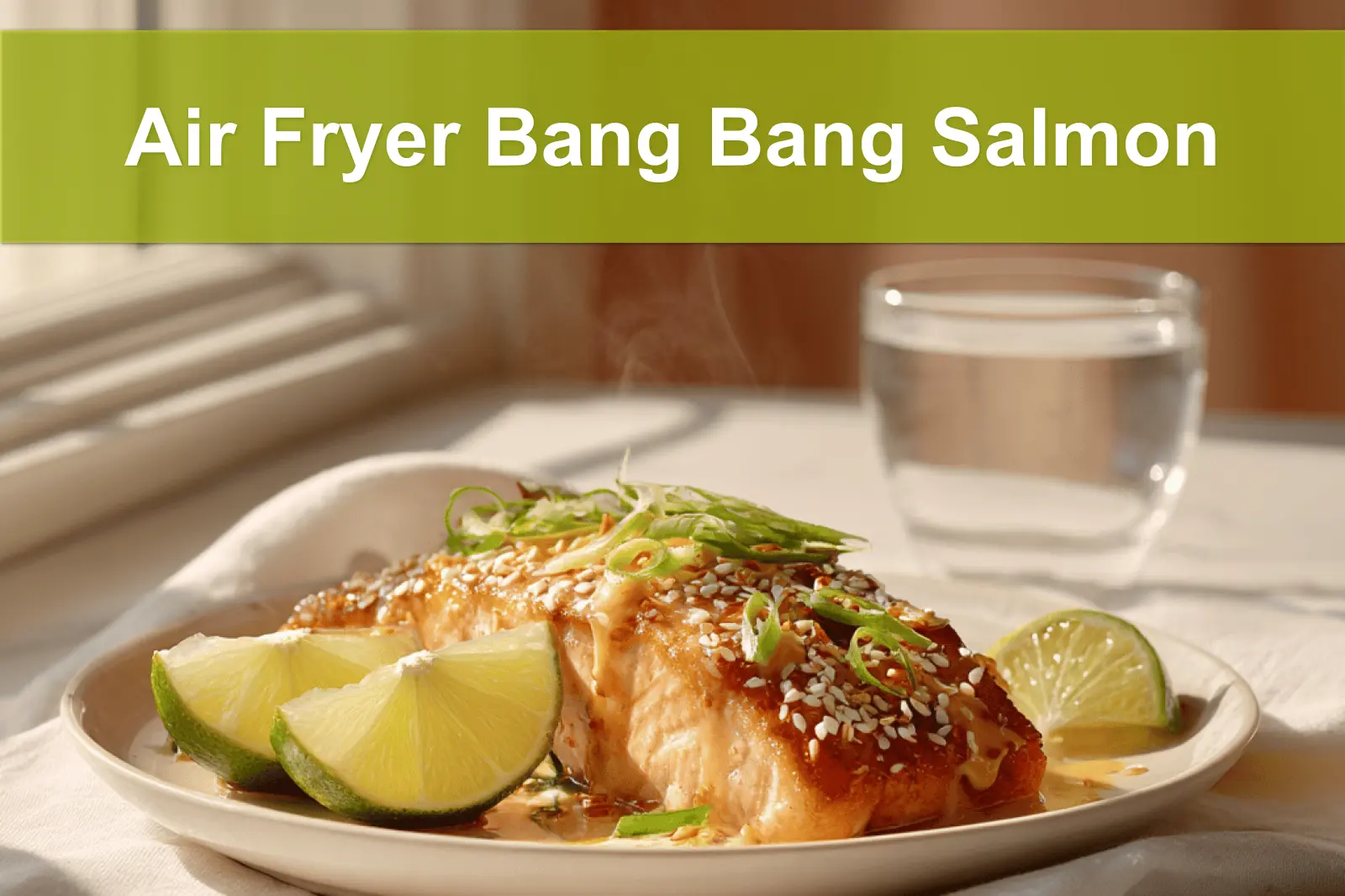 Air Fryer Bang Bang Salmon plated with sesame seeds lime wedges and green onions