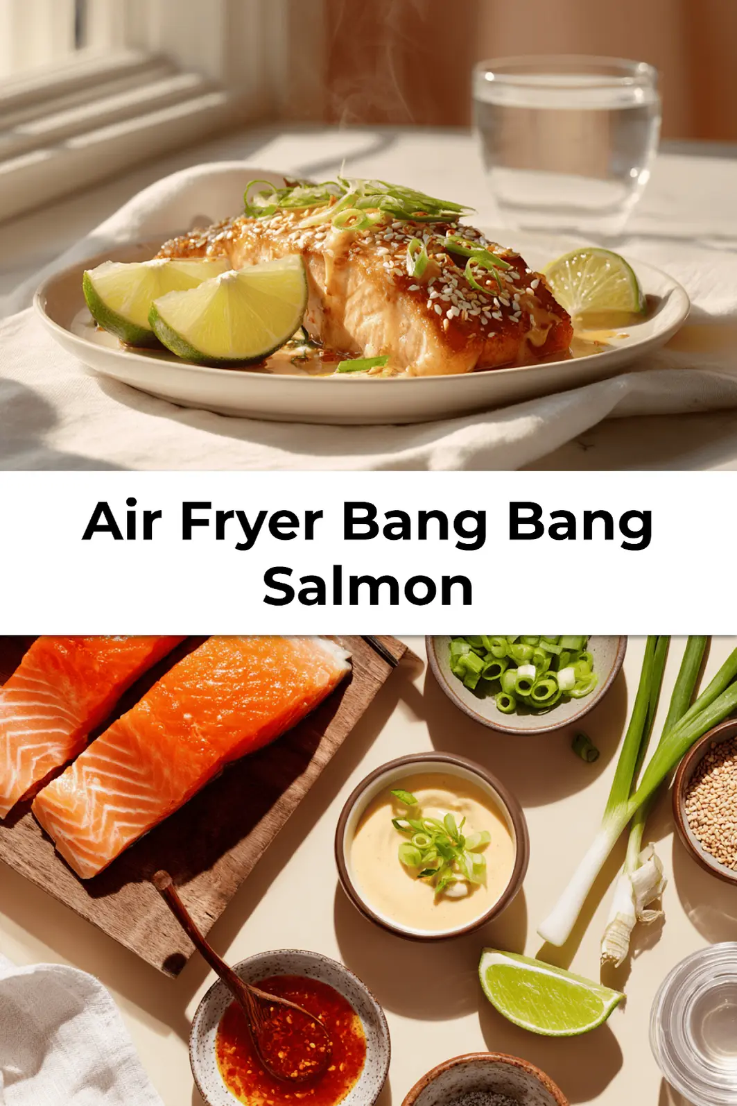 Plated Air Fryer Bang Bang Salmon with green onions, sesame seeds, and lime wedges ready to serve