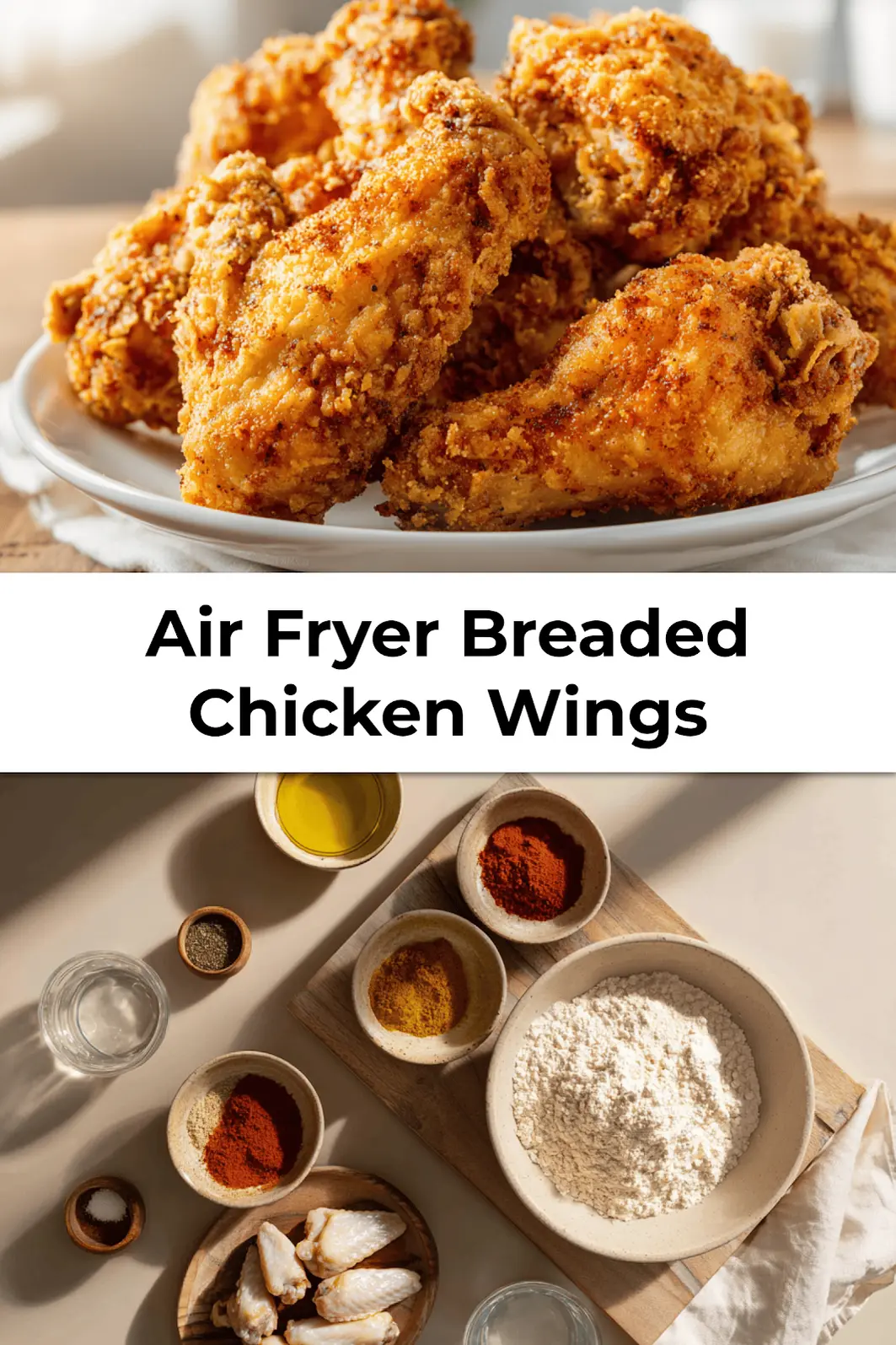 Plated Air Fryer Breaded Chicken Wings with golden crust on parchment and a dipping sauce in the background