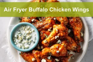 Air Fryer Buffalo Chicken Wings on white napkin with blue cheese dressing and water
