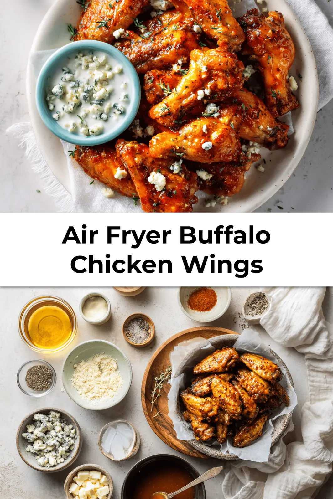 Plated air fryer Buffalo chicken wings with side of blue cheese dip and fresh herbs ready to serve