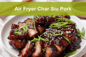 Air Fryer Char Siu Pork sliced glazed on white napkin with clear glass of water