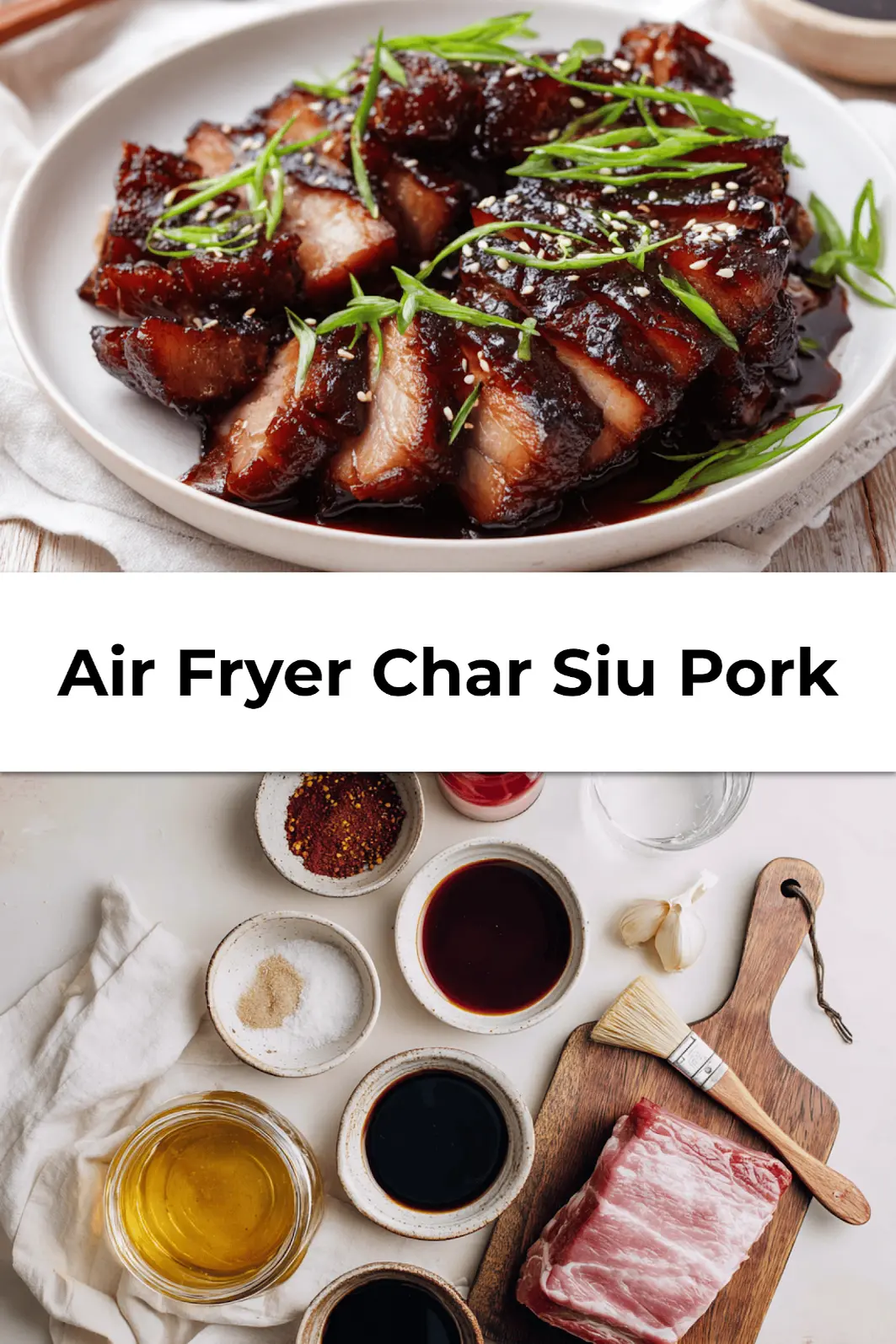 Plated Air Fryer Char Siu Pork on napkin with water glass and caramelized glaze