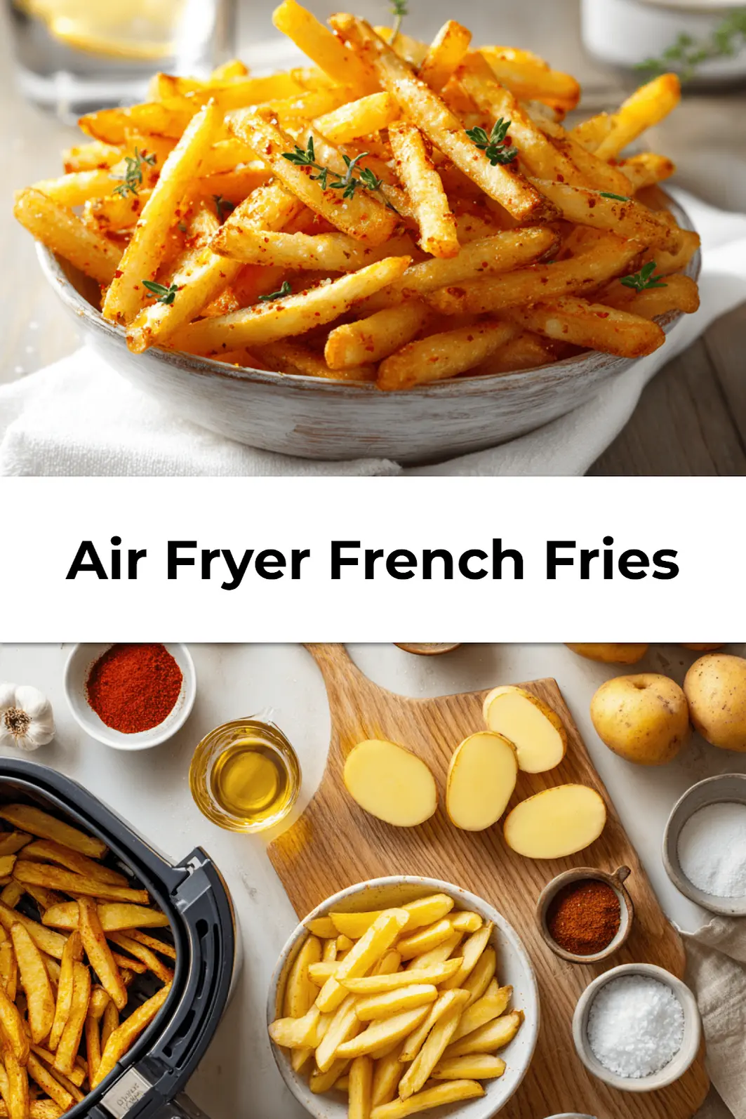 Golden crispy homemade air fryer French fries served with ketchup