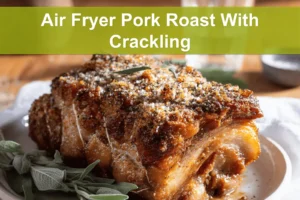 Air Fryer Pork Roast With Crackling golden skin on white napkin glass of water