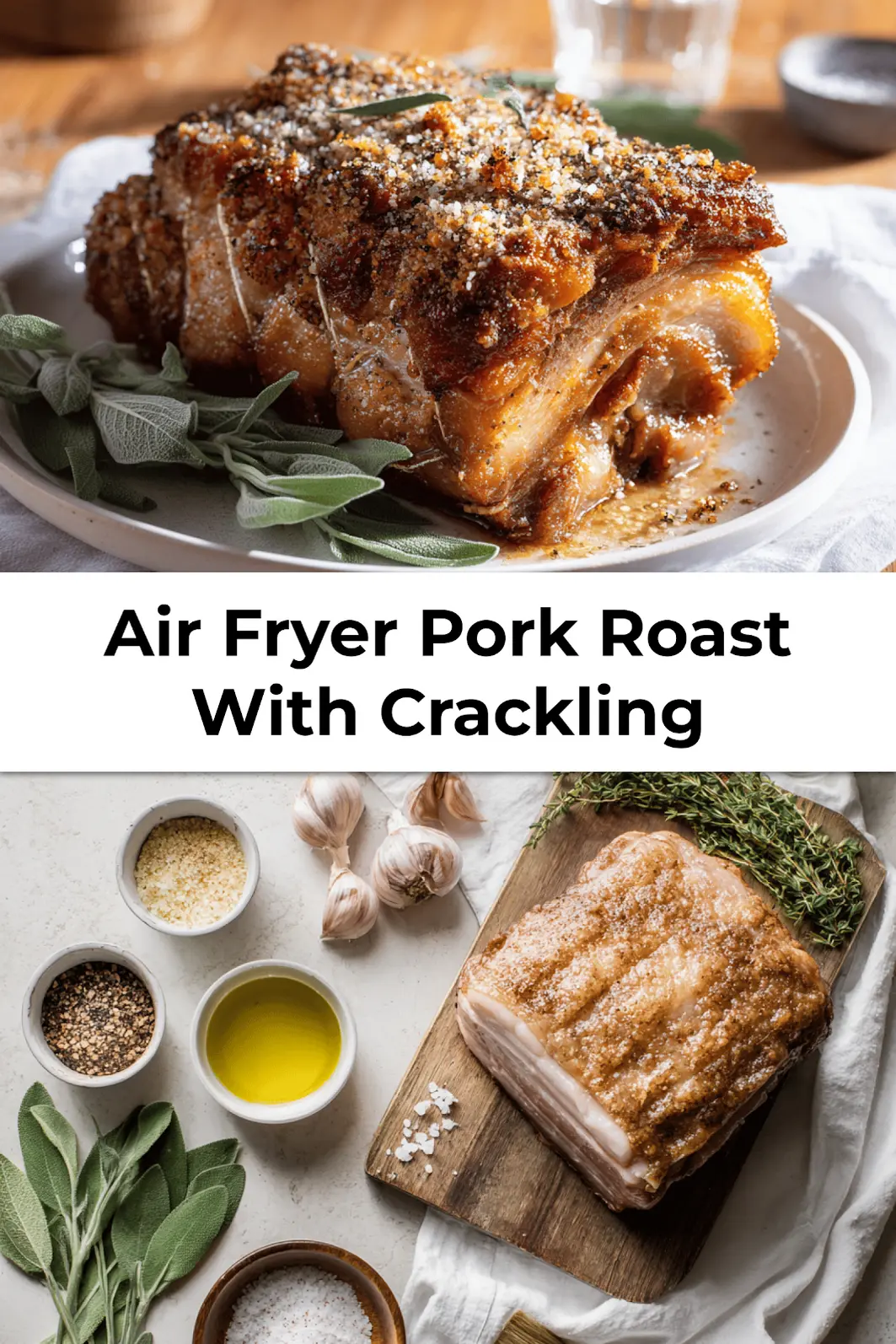 Crispy pork roast with air fryer crackling served on white plate with herbs and sides