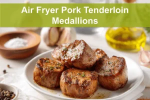 Air Fryer Pork Tenderloin Medallions plated on white napkin with glass of water and seasonings