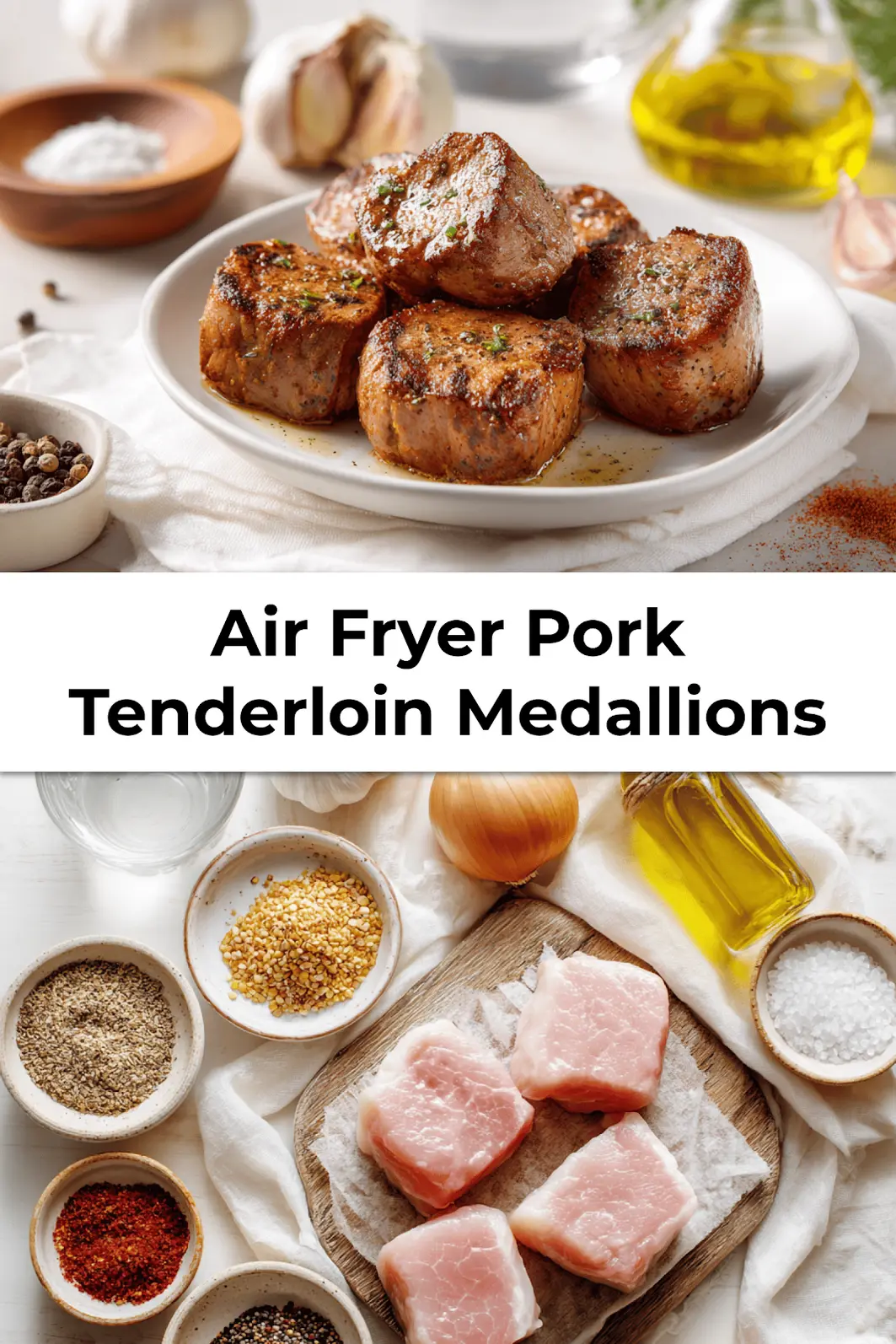 Plated Air Fryer Pork Tenderloin Medallions served on a napkin with herbs and dipping sauce