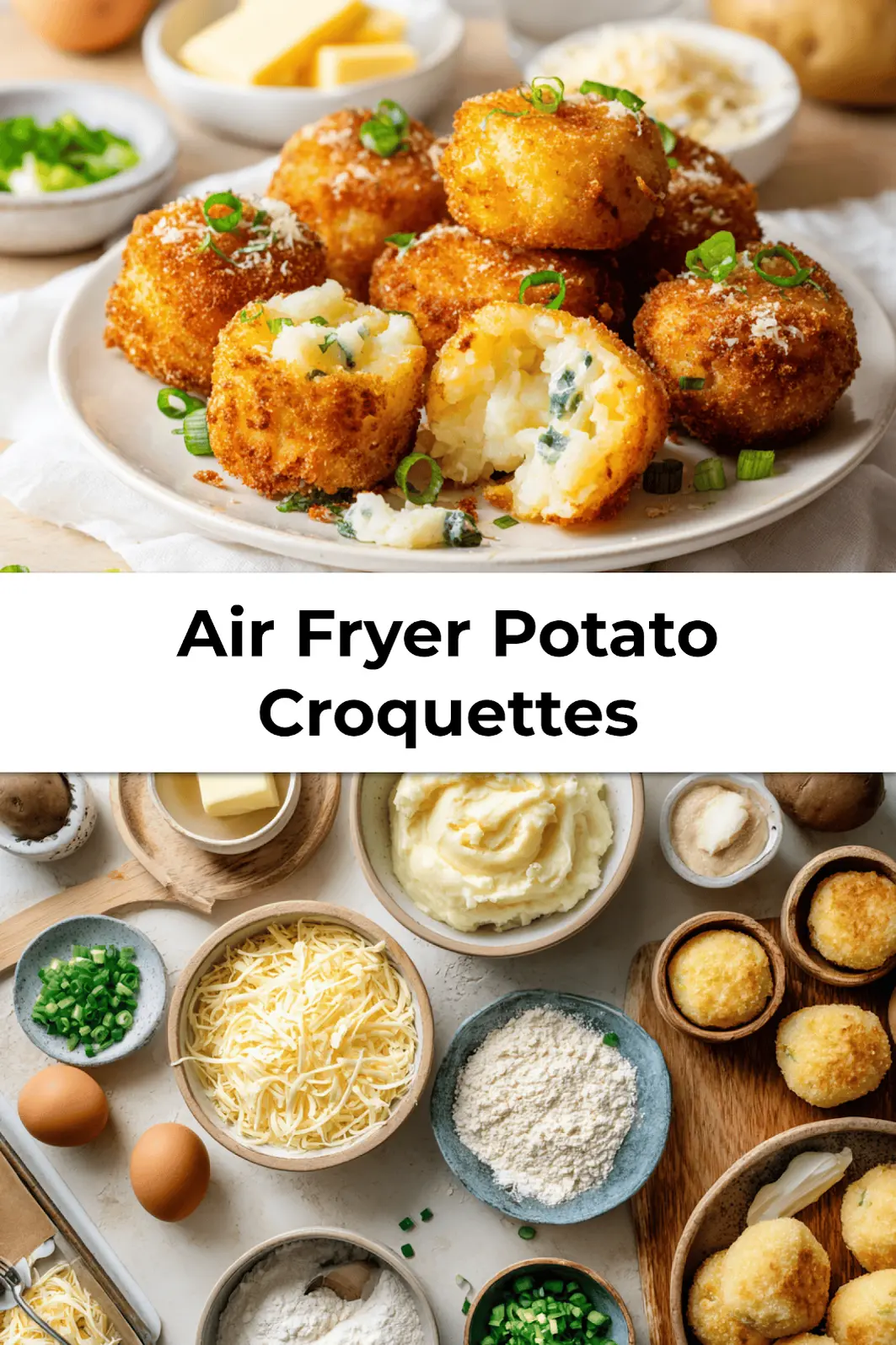 Air Fryer Potato Croquettes served golden brown with cheese and green onions for garnish