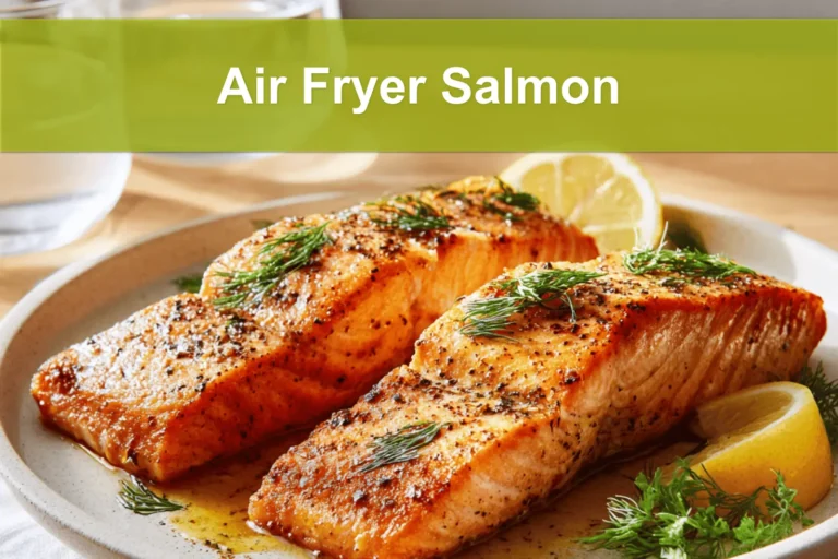 Air Fryer Salmon on ceramic plate with lemon wedges and fresh herbs