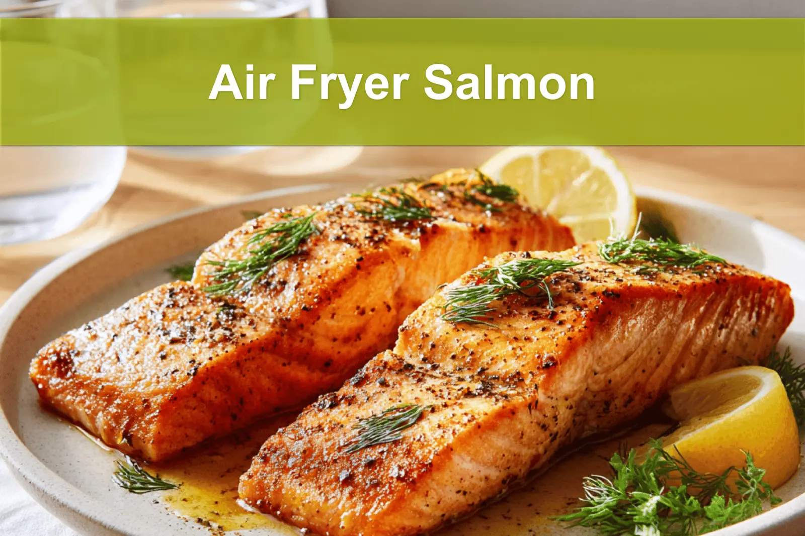 Air Fryer Salmon on ceramic plate with lemon wedges and fresh herbs