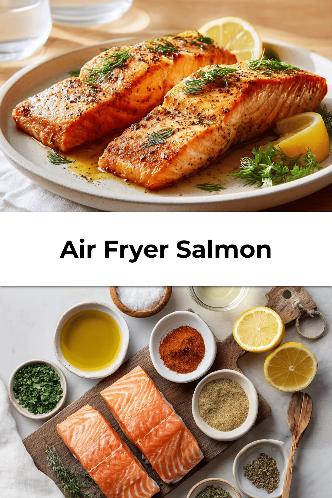 Perfectly cooked air fryer salmon served with fresh lemon wedges and parsley on ceramic plate
