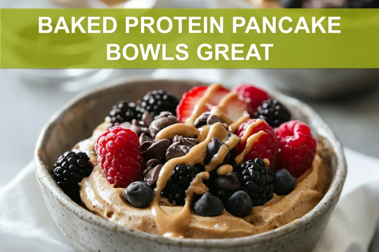 BAKED PROTEIN PANCAKE BOWLS GREAT finished bowl with berries peanut butter chocolate chips and syrup