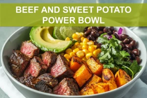 BEEF AND SWEET POTATO POWER BOWL with seared sirloin roasted sweet potato avocado black beans corn