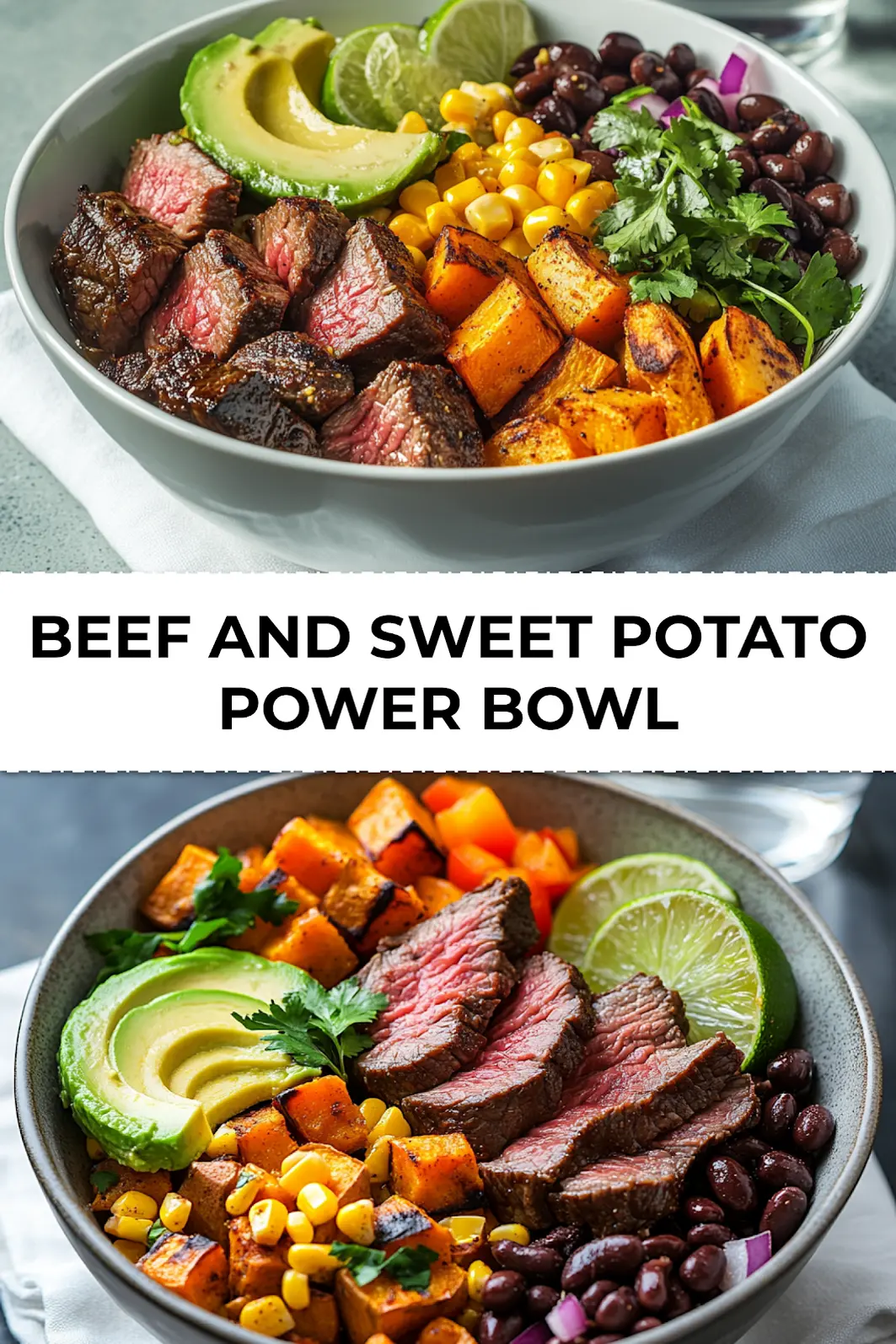 Pinterest-ready shot of Beef and Sweet Potato Power Bowl with vibrant toppings and creamy avocado