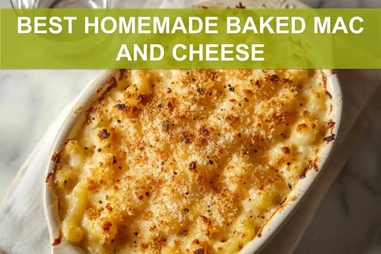 BEST HOMEMADE BAKED MAC AND CHEESE vibrant golden crust served in rustic white dish with glass of water
